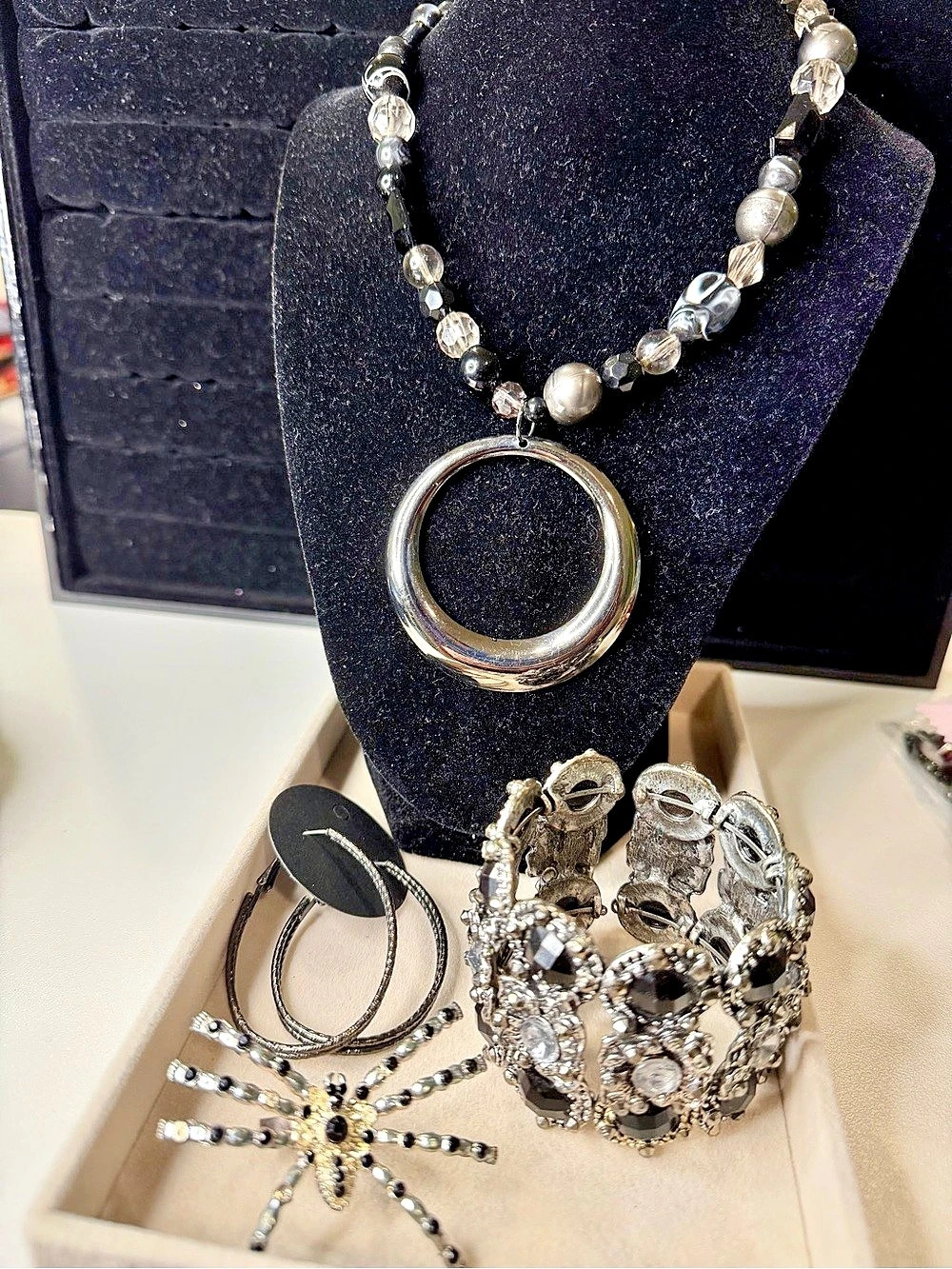 Silver Black Halloween Set Necklace Spider Ring Hoops Statement Bracelet - As Is